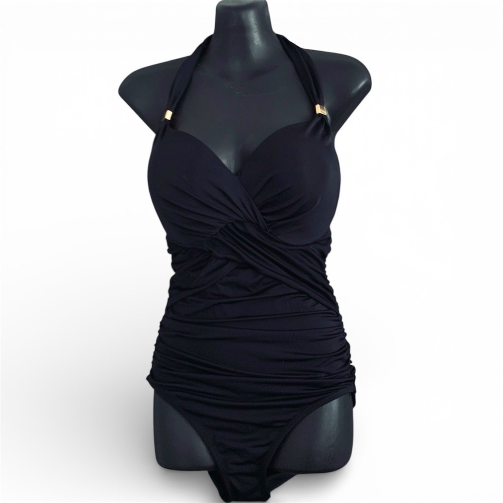 Victorias‎ Secret The Forever Black Halter Ruched One Piece Swimsuit 8DD Padded